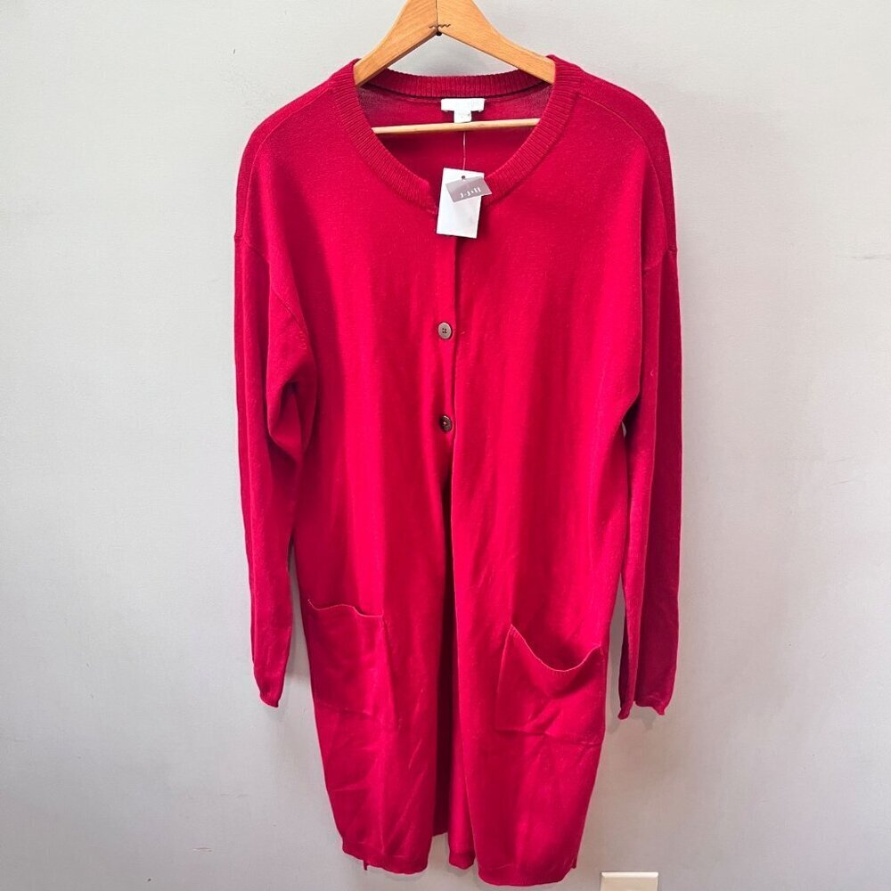 NEW J. Jill True Red Button-Down Long Line Wool‎ Blend Cardigan With Pockets M